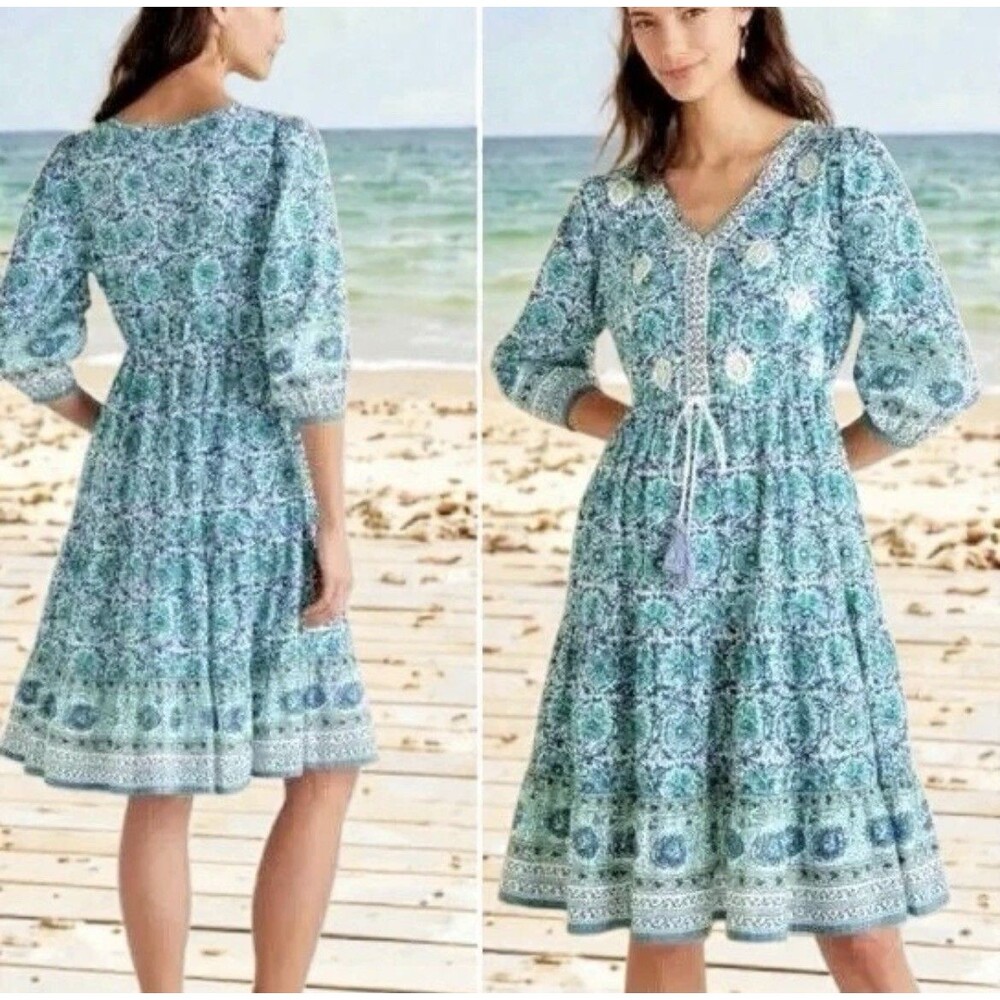 Soft Surroundings Nerissa Dress Sz XL Embroidered Blue Print Beach Boho Party